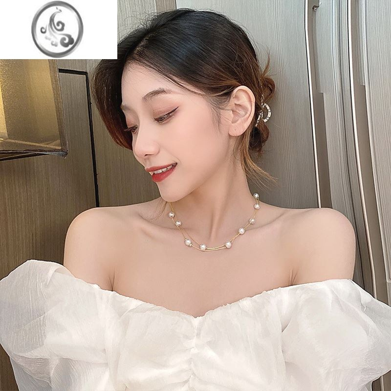 JiMi双层叠戴珍珠串chocker项链女夏锁骨链设计感2022年新款潮颈链