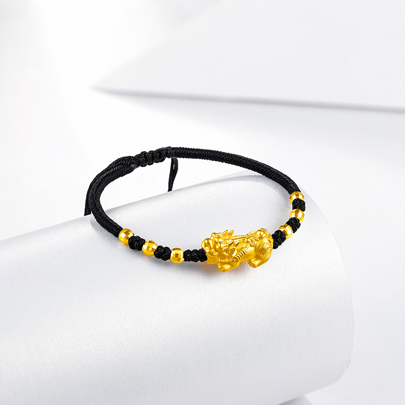 zhouliufu周六福珠宝3d硬金黄金手链男女款情侣手绳金珠手串黄金貔貅