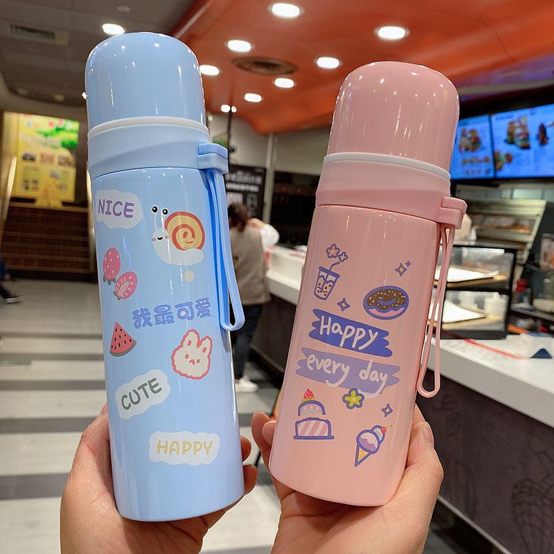 保温杯女便携简约清新森系学生可爱少女杯子带盖儿童创意个性水杯 粉色背包兔子--350ml