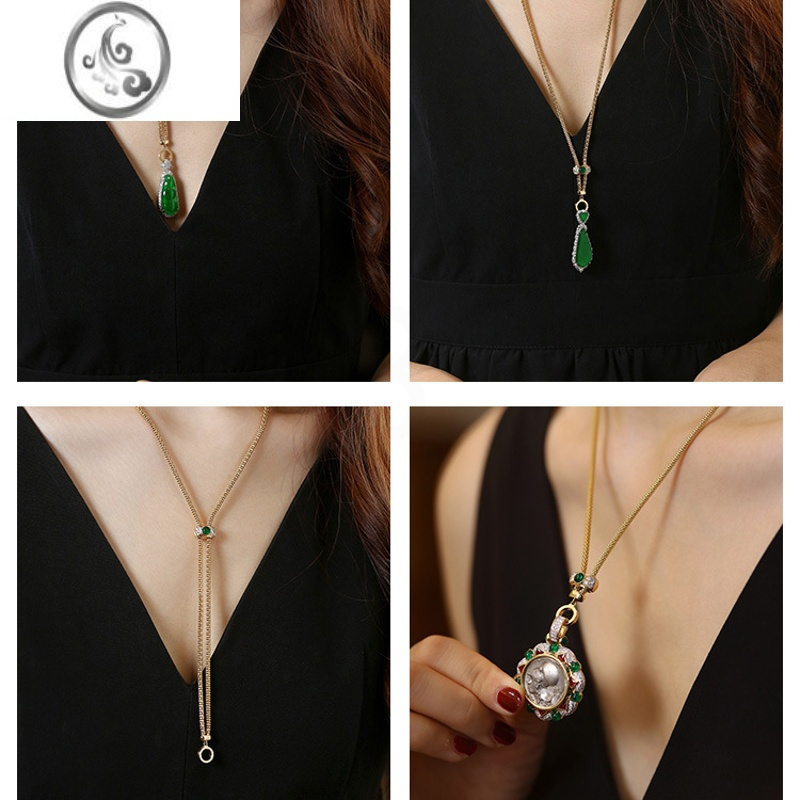 jimiyoung项链翡翠古币吊坠搭配毛衣链金祖母绿抽拉链链女