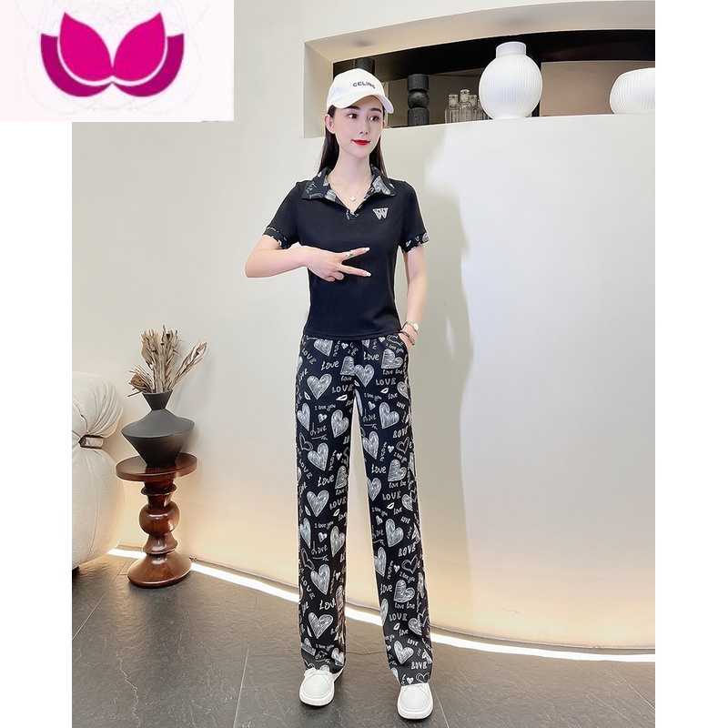 七斓时尚休闲运动服套装女2023夏季新款短袖洋气质减龄时髦职业套 黑色上衣+直筒裤 M(建议100斤以下)