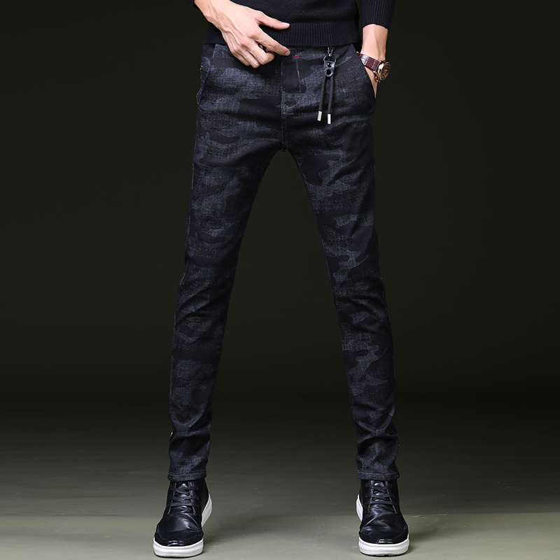 YUANSUGomoku韩版牛仔裤男修身小脚裤弹力长裤秋冬款青少年迷彩休闲男裤休闲裤