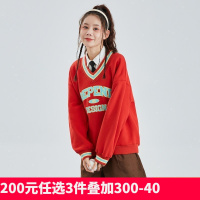 唐狮0春装新款女V领卫衣chic港风宽松韩版上衣设计感小众潮ins S 落日红