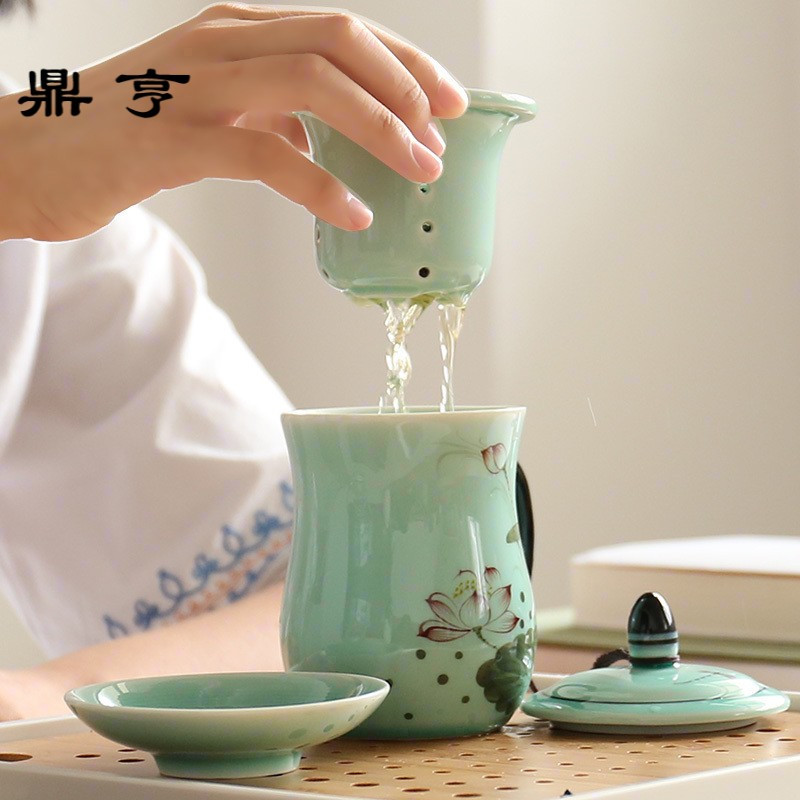 鼎亨龙泉青瓷茶杯陶瓷带盖过滤内胆杯子办公室个人茶具家用泡茶杯