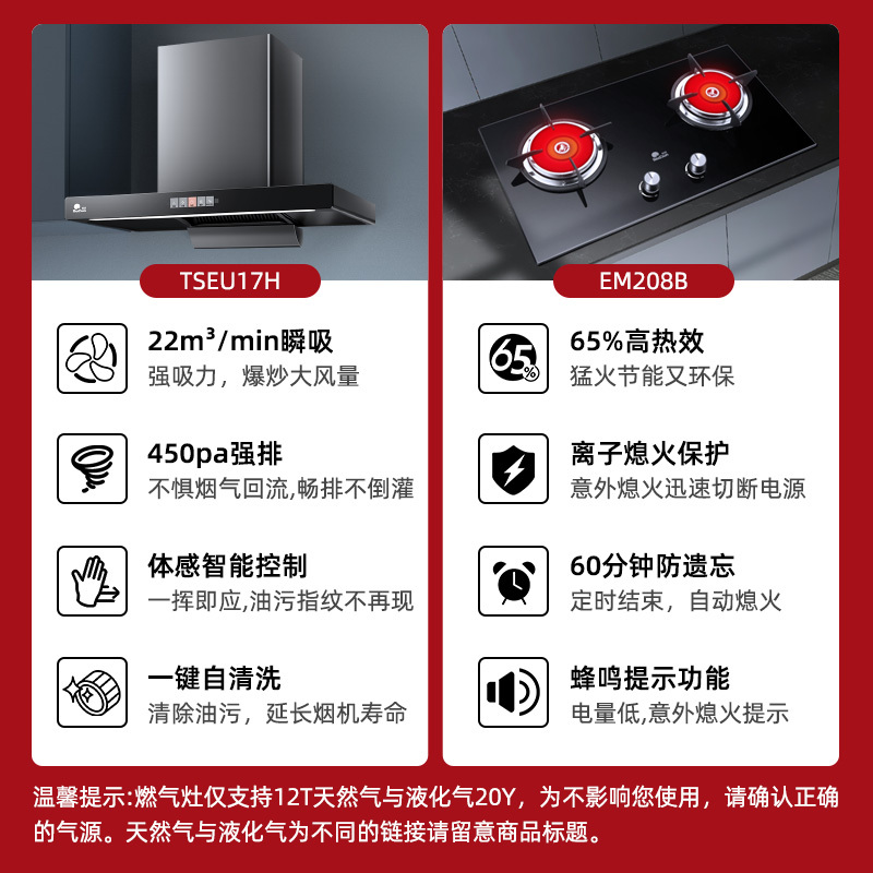 红日(RedSun)烟灶套餐家用欧式22立方瞬吸450pa畅排烟机挥手感应抽油烟机一键爆炒烟机套装17H+TEM208B