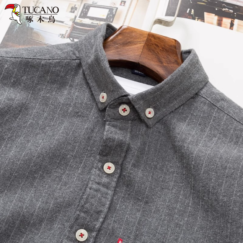 啄木鸟春季条纹磨毛棉衬衣男士上衣长袖衬衫大码休闲男装外套衣外高清大图