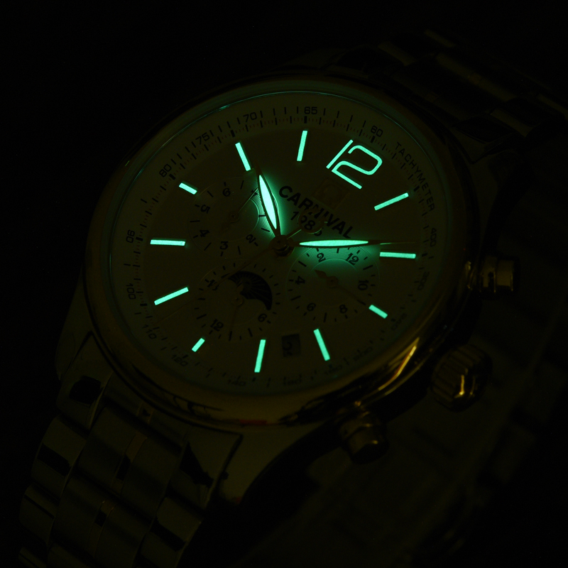 瑞士嘉年华CARNIVAL全自动机械表 男休闲时尚防水手表男士时尚商务男表金属精钢夜光防水日月星辰多功能显示8702C高清大图