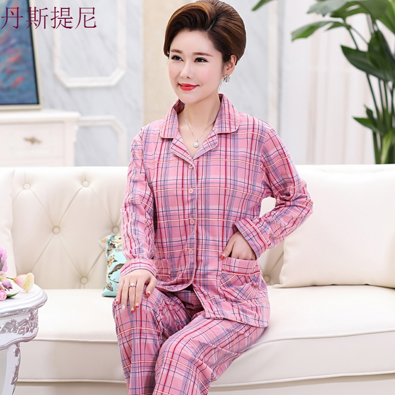 春秋季纯棉长袖睡衣女开衫薄款中年妈妈套装全棉休闲家居服加大码