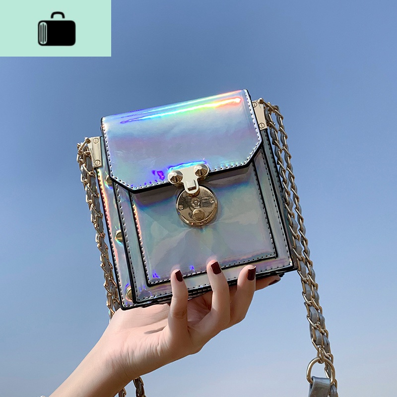 ins超火漆皮亮面包包女2020新款韩版时尚百搭链条单肩斜挎水桶包NEWLAKE高清大图