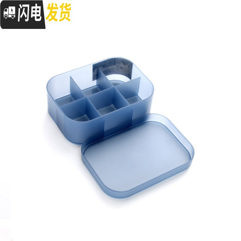 三维工匠桌面收纳盒化妆品盒子办公桌塑料小置物架护肤品透明整理盒化妆盒 蓝灰小号(9921)