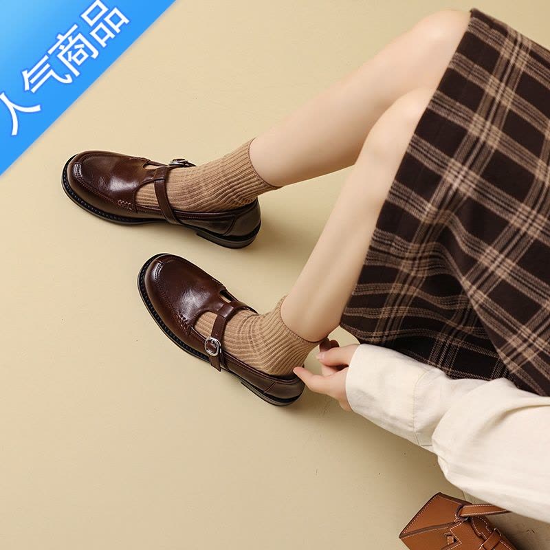 SUNTEK2023年 春季新款复古T字扣玛丽珍鞋女棕色乐福鞋低跟单鞋小皮鞋潮图片