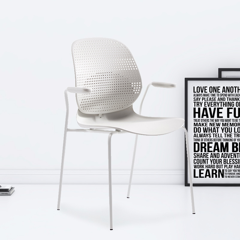 臻远ZY-7835 简约休闲办公椅轻奢铁艺靠背椅 白背白座扶手款