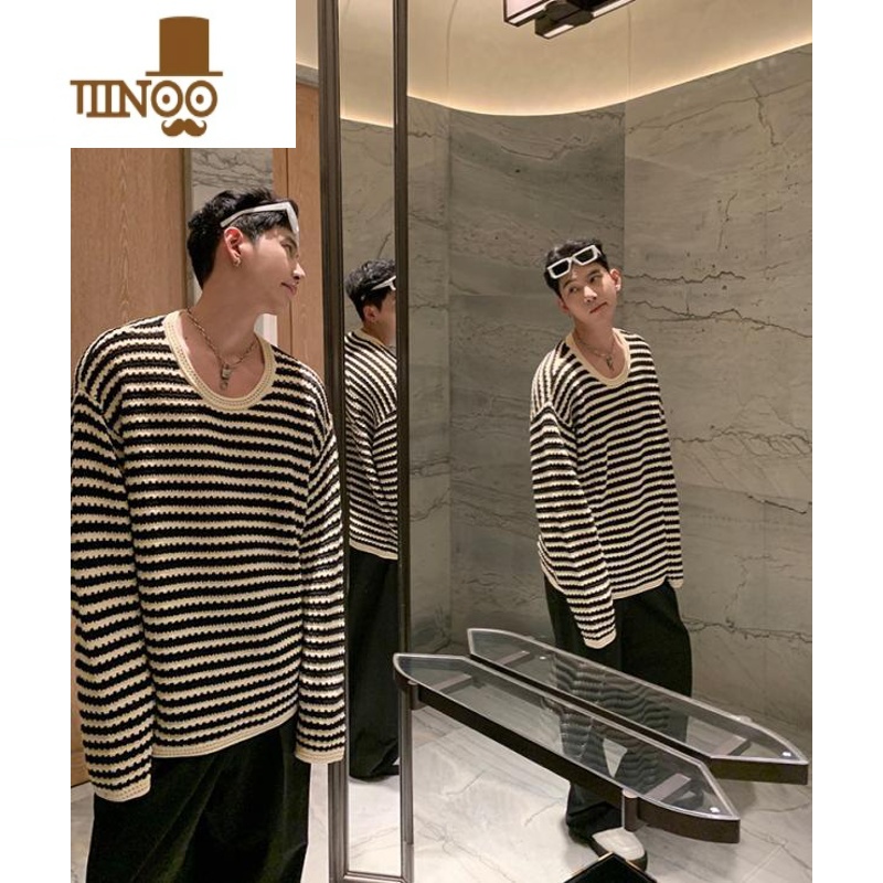 YANXU秋季复古钩花条纹镂空针织毛衫长袖男设计感慵懒风休闲打底衫上衣高清大图