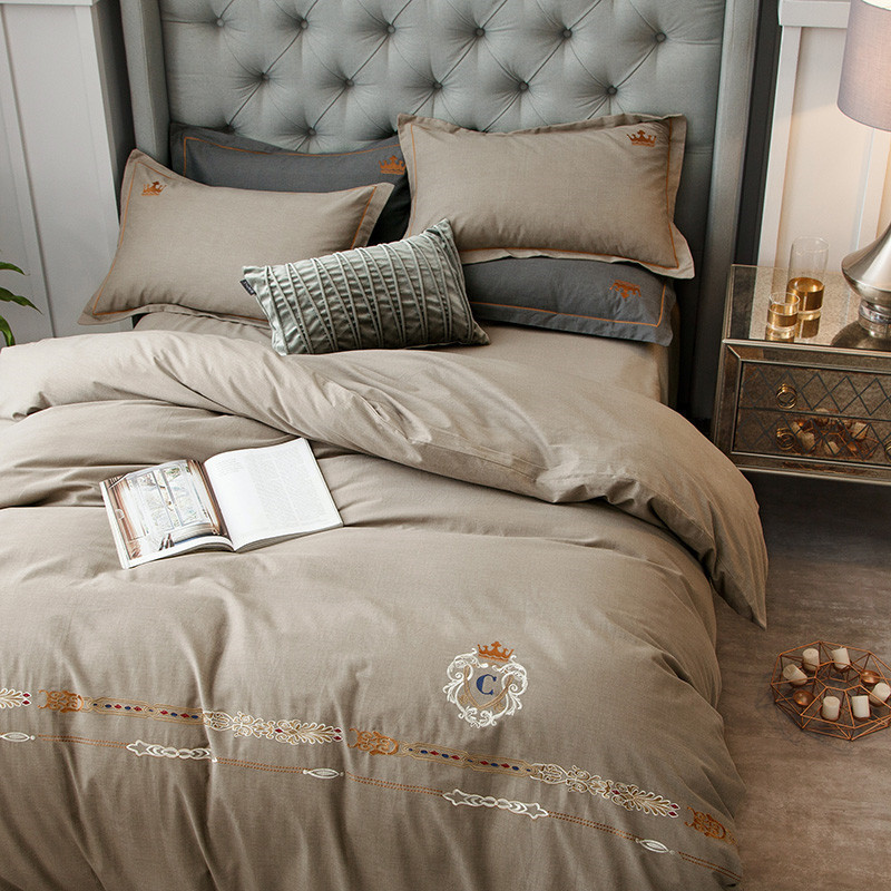 美帮汇冬天四件套全棉全棉 加厚磨毛被套欧式保暖床单简约一米八男士 蓝 西雅图-卡其 1.5床四件套【被套适配200*230被芯】