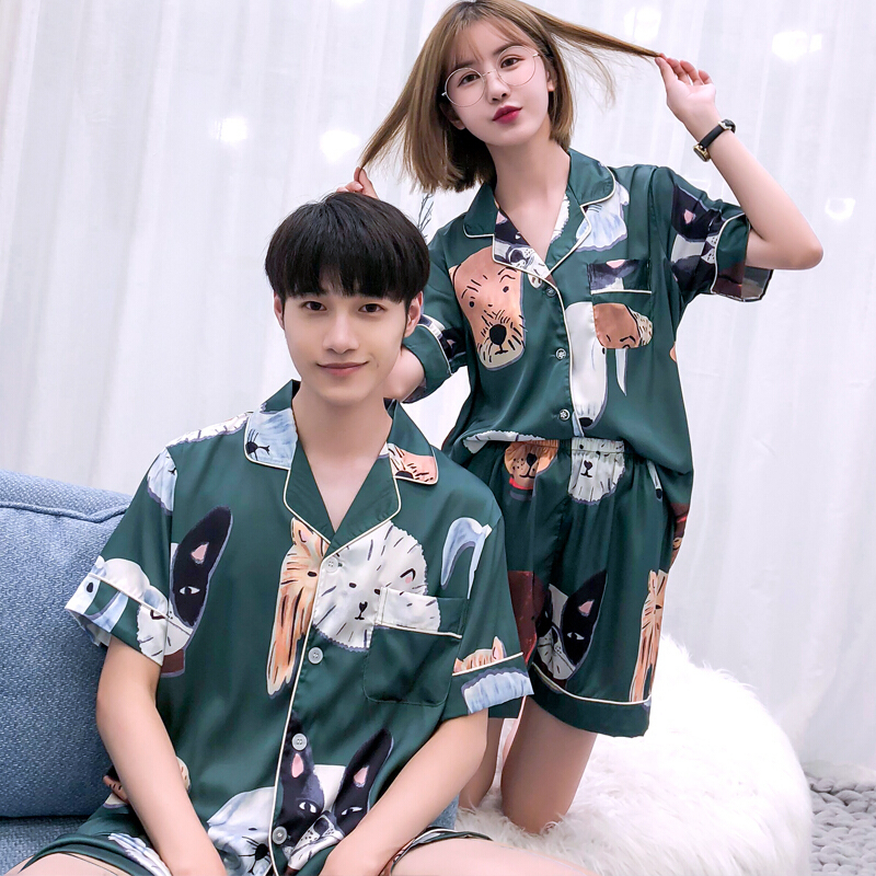 情侣睡衣夏卡通猫狗夏季冰丝短袖丝绸睡衣女夏家居服套装睡衣男夏
