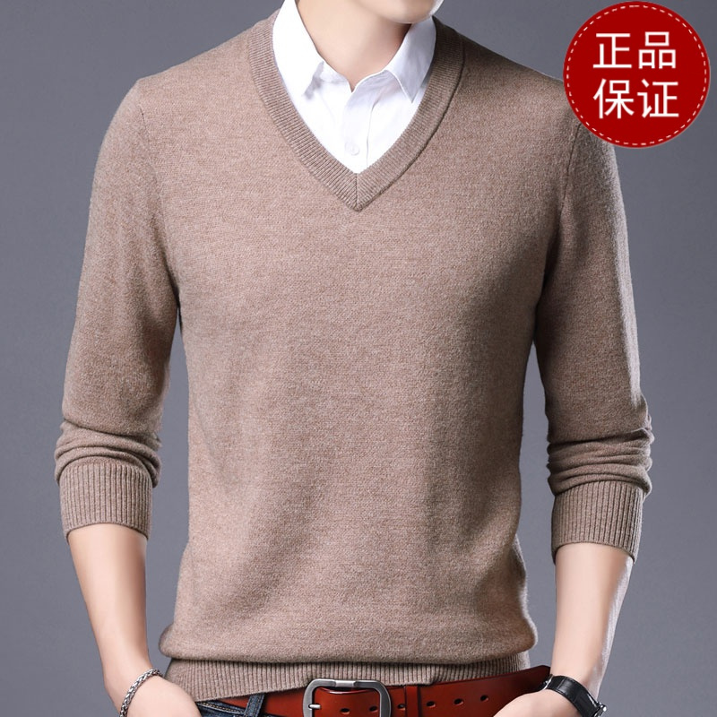 秋冬新款中年纯色v领打底衫打底100纯羊毛衫套头商务羊绒衫男士毛衣