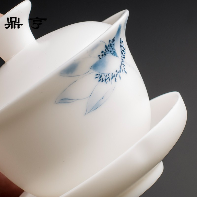 鼎亨玉瓷手绘盖碗敬茶杯德化白茶碗大号泡茶三才碗功夫茶具手抓壶