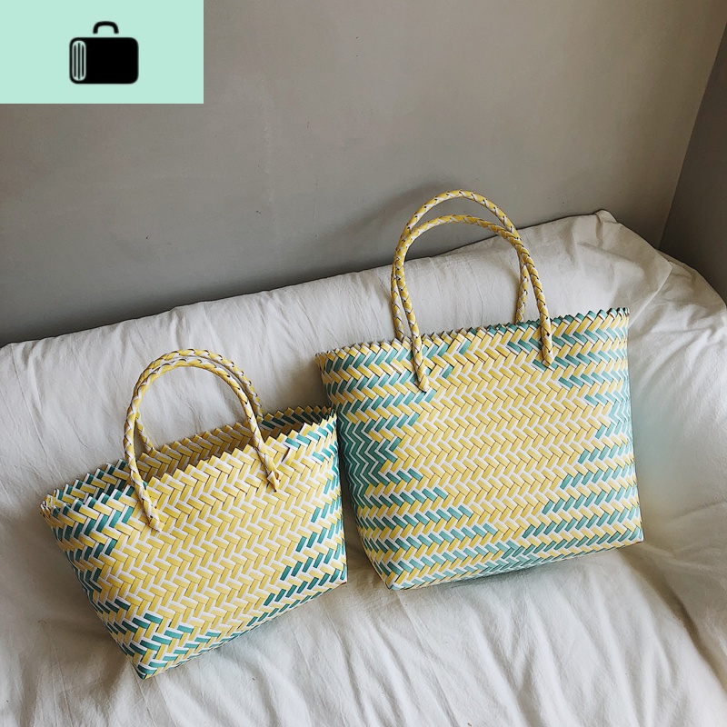 大容量藤编包菜篮子包海边度假沙滩包手提编织包女撞色个性包包女NEW LAKE女士单肩包