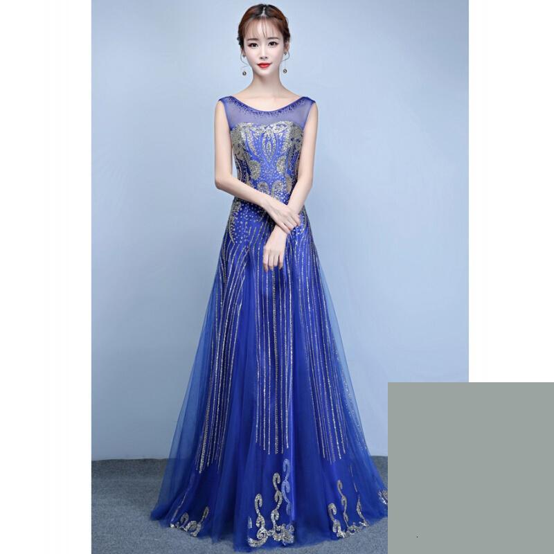 年会晚礼服女长款宴会高贵优雅金色晚会主持礼宝蓝色颜色定制不退货