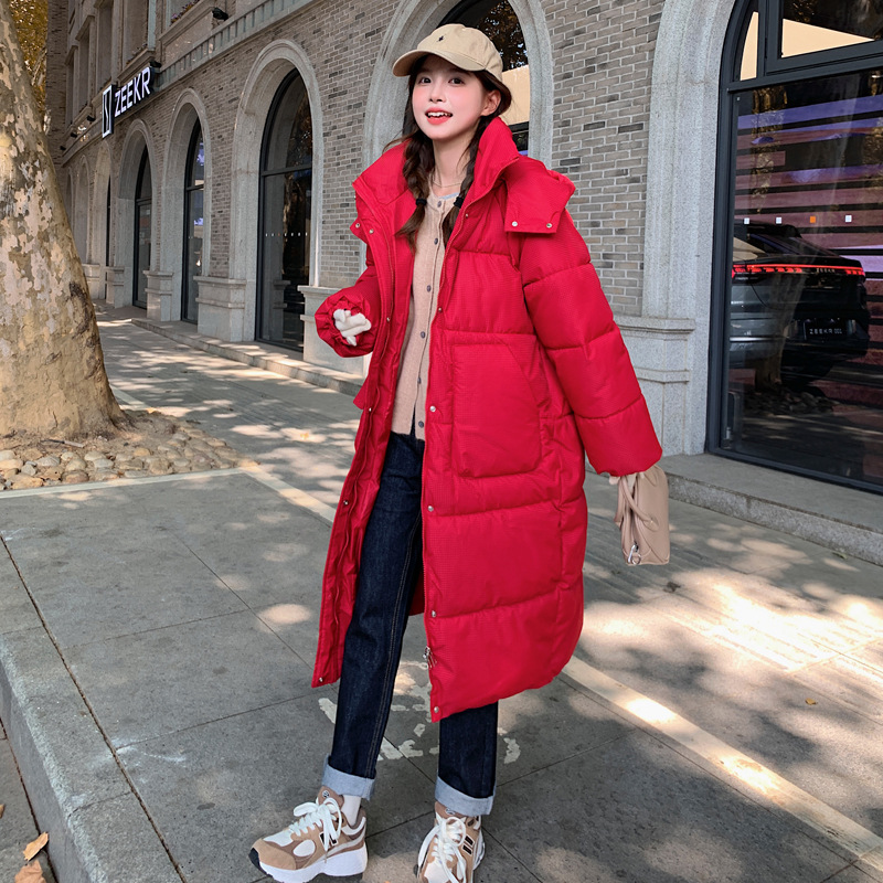 冬季新款棉服女韩版宽松中长过膝羽绒棉衣小个子活帽加厚棉袄外套 红色 XL