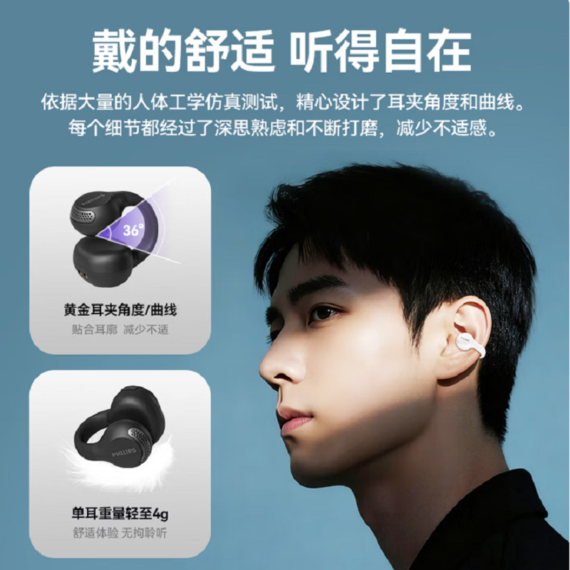 飞利浦(PHILIPS)无线蓝牙耳机开放耳夹式防漏音降噪超长续航游戏耳机运动防掉落骨传导概念耳机TAQ2000黑高清大图