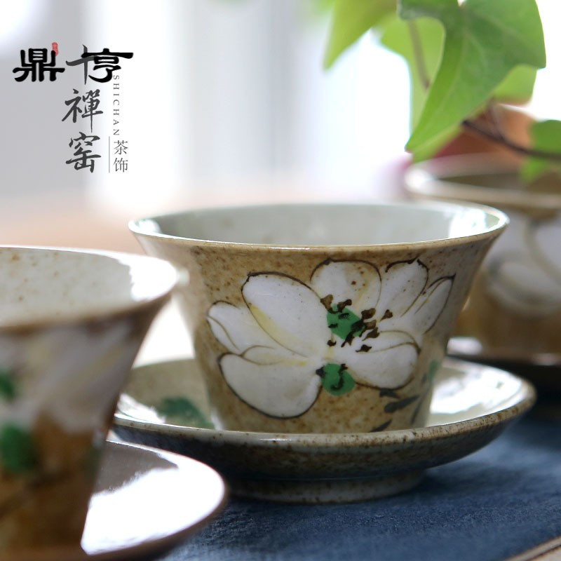 鼎亨 仿柴烧老岩泥品茗杯 景德镇手绘写意花卉麦穗主人杯 茶具