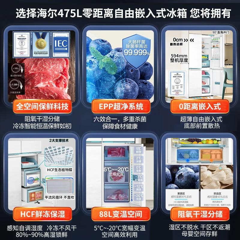 海尔(Haier)十字对开门冰箱475L超薄零嵌全空间保鲜家用电冰箱前置散热冰箱 BCD-475WGHTD1BGZU1高清大图