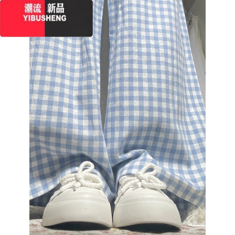 YIBUSHENG小个子蓝色格子休闲裤女季薄款2024新款宽松阔腿裤高腰直筒裤子高清大图