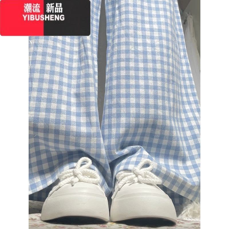 YIBUSHENG小个子蓝色格子休闲裤女季薄款2024新款宽松阔腿裤高腰直筒裤子图片