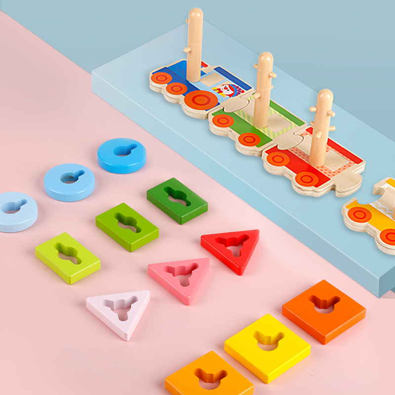 Hape&金宝贝 艺智火车拼图18M-3岁儿童宝宝木制拼图玩具幼儿积木拼插颜色形状认知早教益智