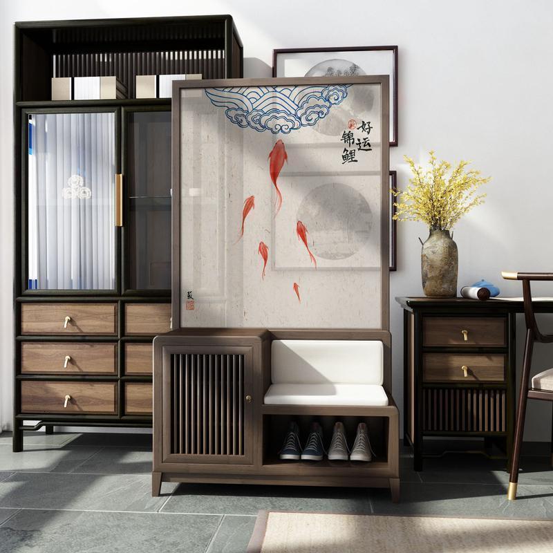 BONJEAN新中式现代简约屏风隔断客厅装饰入户进玄关风水移动换鞋柜鞋凳高清大图