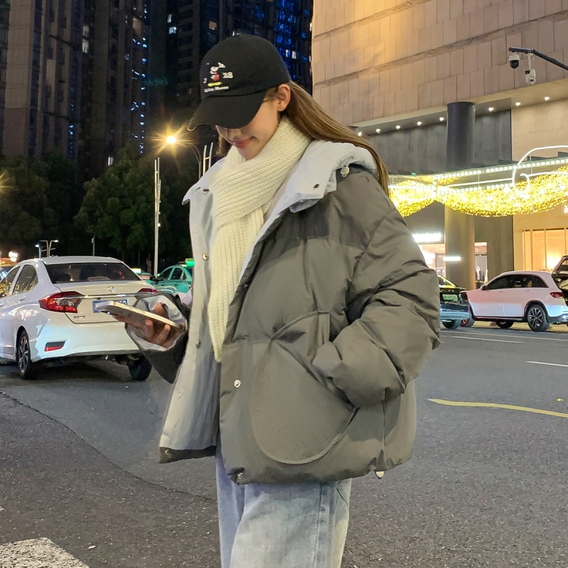 [2.5折价354元]唐狮冬装新款女连帽撞色短款羽绒服小众设计感外套(防水)
