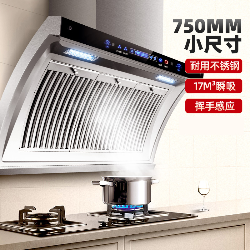 欢呼好太太 抽油烟机 侧吸式 家用吸烟机小尺寸750mm宽小户型白色大吸力挥手感应E102不锈钢小型排烟罩吸油烟机高清大图