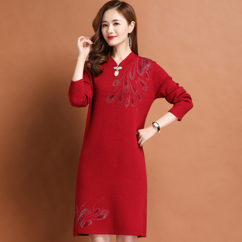 加厚新中式国风改良旗袍包臀长裙子女春秋大码收腰针织打底羊绒连衣裙红色旗袍裙气质长款复古高级感敬酒服连衣裙高清大图