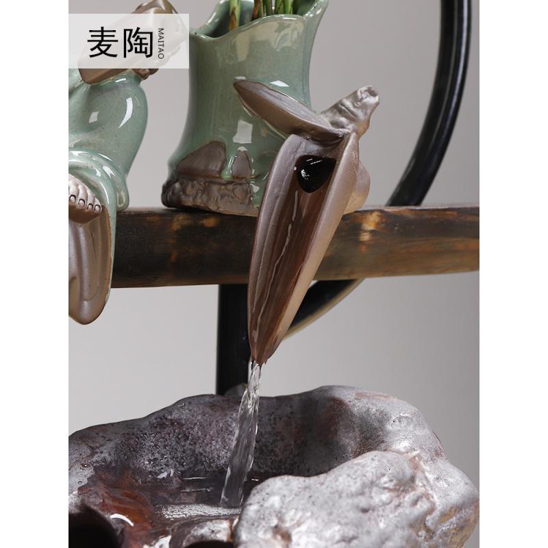 美帮汇创意中式小和尚流水器禅意加湿器陶瓷喷泉家居客厅书房工艺品摆件高清大图
