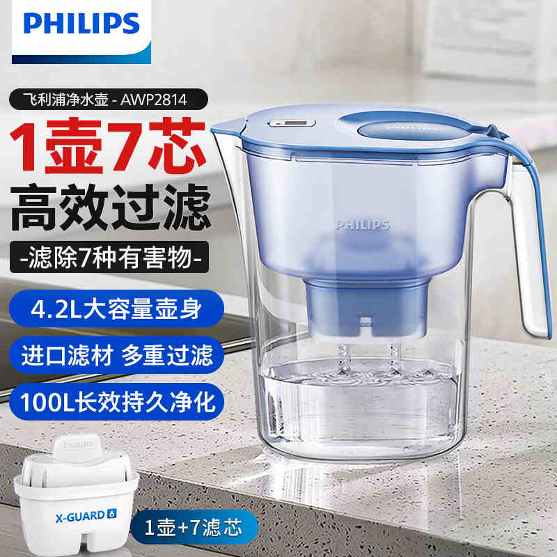 飞利浦净水壶厨房净水器自来水过滤壶除垢滤水器家用4.2L过滤水壶AWP2814 净水壶1壶7芯【专家版蓝色】 4.2L
