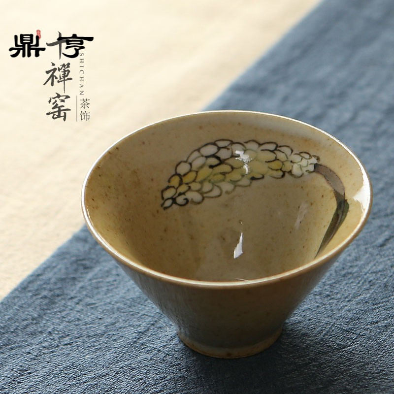 鼎亨 仿柴烧老岩泥品茗杯 景德镇手绘写意花卉麦穗主人杯 茶具