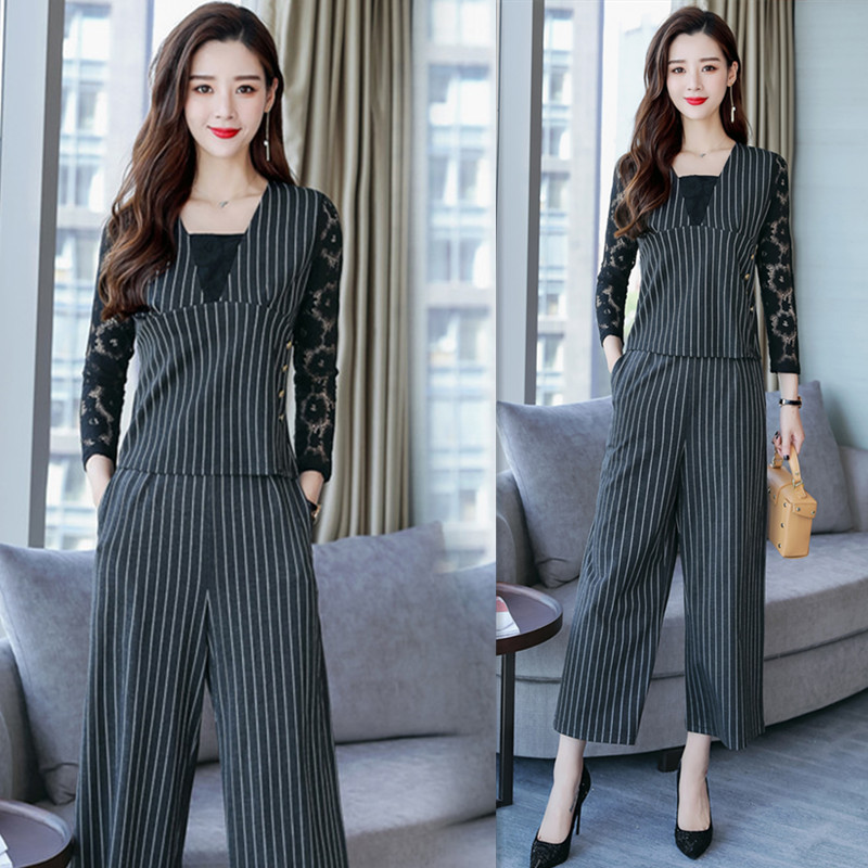 蕾丝竖条纹显瘦阔腿裤套装女秋季女士新品韩版时尚气质两件套夏装