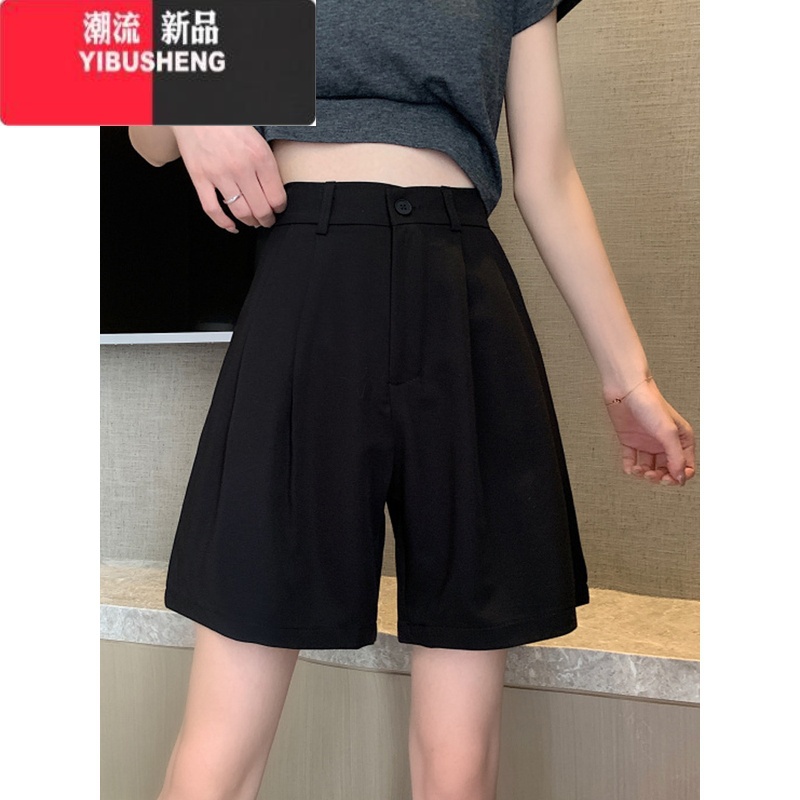 YIBUSHENG冰丝阔腿裤女高腰垂感雪纺短裤西装裤季薄款宽松直筒显瘦休闲裤高清大图