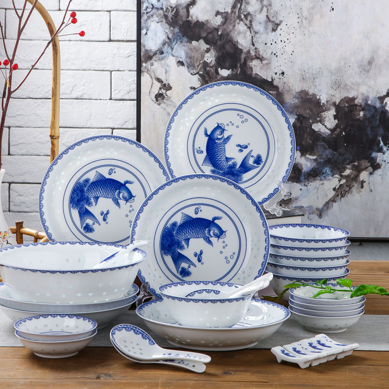 lichen景德镇青花玲珑陶瓷餐具清雅古典釉中彩年年有余碗盘勺碟子套装