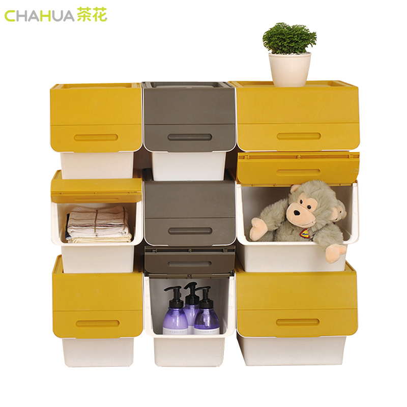 茶花收纳箱塑料整理箱斜口翻盖可层叠储物箱34l28853个装颜色随机视频
