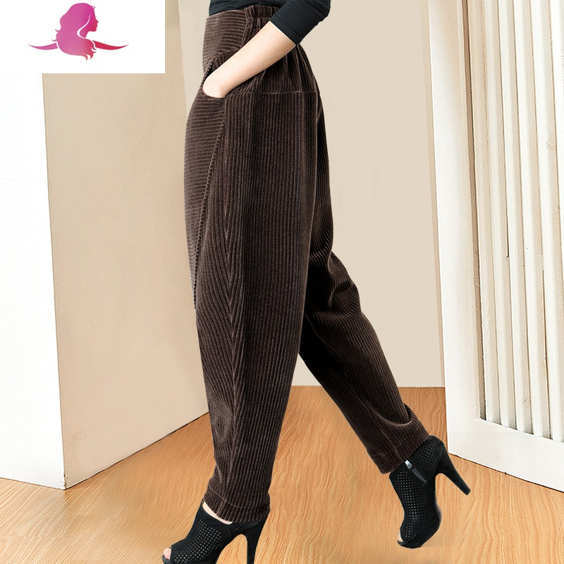 色哈伦裤女春秋萝卜裤灯芯绒女裤条绒大码宽松胖mm休闲裤子大码女装
