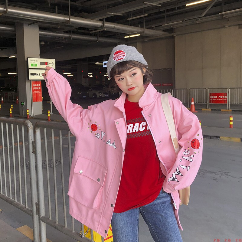 牛仔外套女春秋装2018宽松学生韩版bf原宿风卡通印花工装夹克