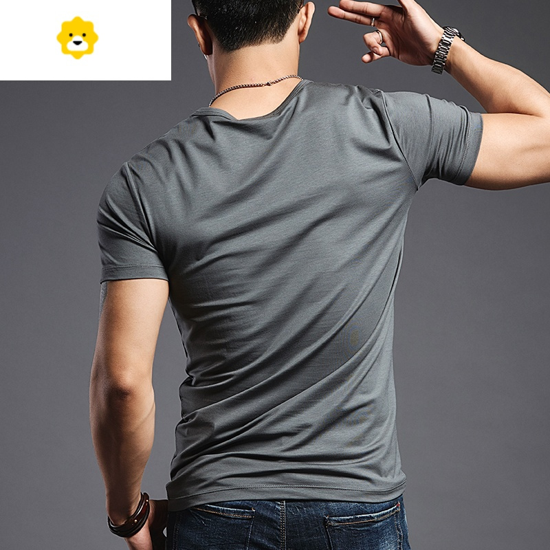 fishbasket莫代尔短袖t恤男夏季圆领修身潮流冰丝衣服男士灰色紧身