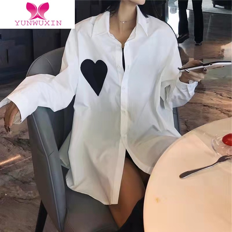 YUNWUXIN爱心白色衬衫女夏2022新款ins潮港味衬衣设计感小众长袖外套