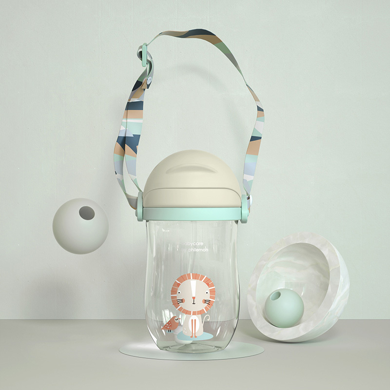 baby care婴儿学饮杯 幼儿园宝宝防摔防呛带手柄重力球儿童吸管水杯 360ml-淡藻绿 2718