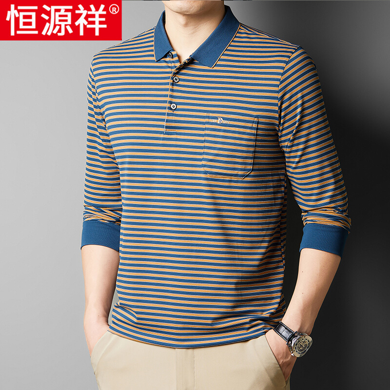 恒源祥长袖t恤男士Polo衫中老年条纹爸爸装春秋薄款宽松口袋款l高清大图