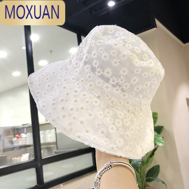 MOXUAN日系小雏菊刺绣渔夫帽子女薄款夏天防晒出游韩版蕾丝透遮阳盆帽春