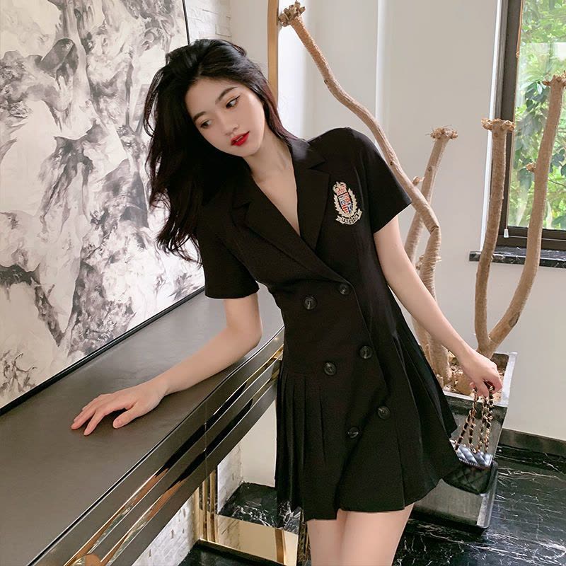 美动态大码女装夏季法式小众百褶西装裙胖mm藏肉显瘦显瘦连衣裙图片