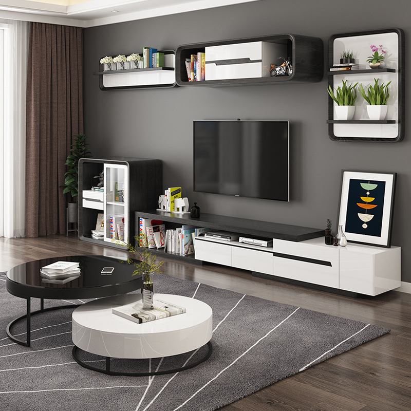 欧梵森 现代简约创意时尚个性黑白圆形北欧小户型异形茶几桌子电视柜